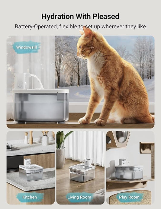 DownyPaws Battery Operated Cat Water Fountain, 84oz/2.5L Fursink Wireless Pet Water Fountain for Cats Inside, Automatic Dog Water Dispenser with Motion Sensor, Ultra Quiet Pump, BPA-Free, White - PAWPICO