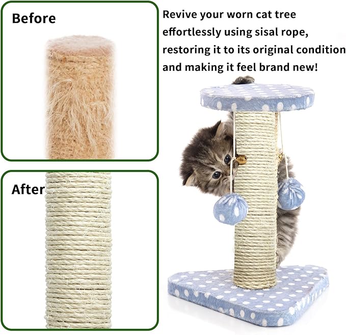 Natural Sisal Rope 1/4 Inch 32-Feet for Cat Tree Tower Repair and Replace Scratching Post, DIY Hemp Twine Rope for Cat Scratching Furniture Window Perch and Crafts Gardening Home Decorating - PAWPICO