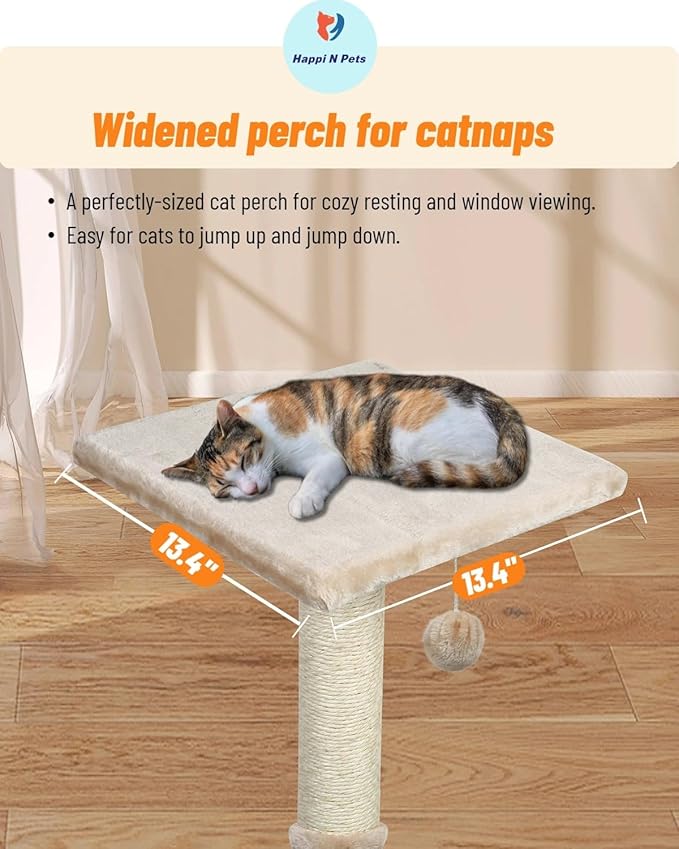 Happi N Pets 26" Cat Scratching Post with Perch, Natural Sisal Scratchers Trees for Indoor Cats, Featuring with Hanging Balls & Cozy Cat Bed, Stable Cat Scratch Posts for Kittens-Beige - PAWPICO