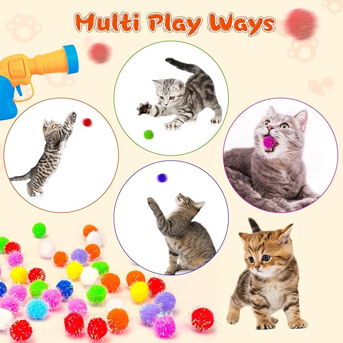 BooTaa Pet Toys, Interactive Cat Toy Set, 80pcs Glitter Pom-Poms Cat Ball Toy with 1 Launcher, Safe Soft Cat Toy Balls for Fetch, Training, Playing - PAWPICO