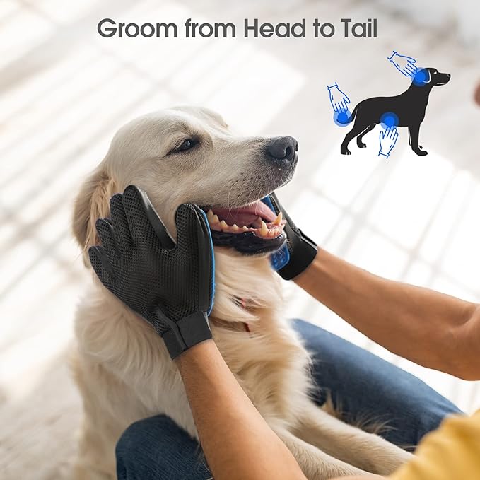 Upgrade Efficient Pet Hair Remover Gloves - Gentle Shedding Brushes for Dogs, Cats & Horses with Long and Short Hair - 1 Pair (Blue) - PAWPICO