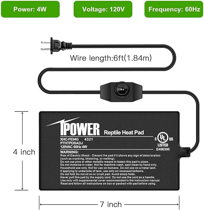 iPower 4 by 7-Inch Reptile Heat Mat with Temperature Adjustable Controller Knob, LCD Digital Aquarium Thermometer, Under Tank Warmer Terrarium Heat Pad for Reptiles and Amphibians iPower