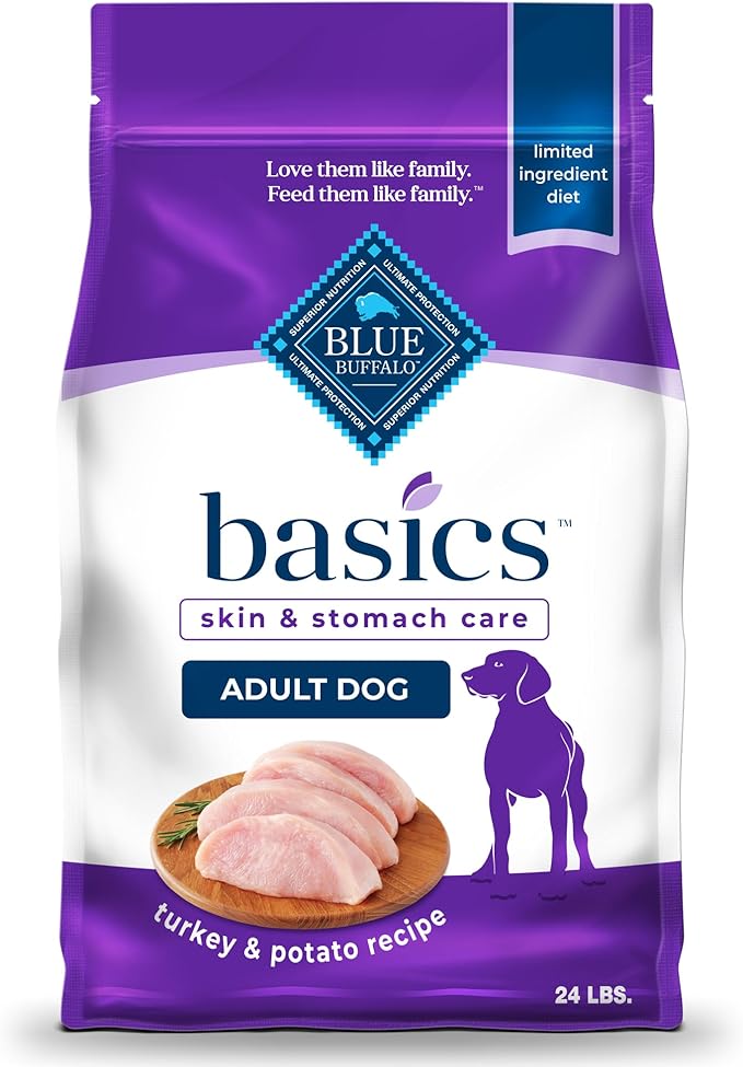 Blue Buffalo Basics Adult Dry Dog Food, Skin & Stomach Care, Limited Ingredient Diet for Dogs, Turkey Recipe, 24-lb. Bag - PAWPICO