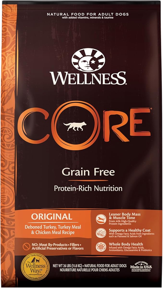 Wellness CORE Grain-Free High-Protein Dry Dog Food, Made in USA with Real Meat & Natural Ingredients, All Breeds, Adult Dogs (Turkey & Chicken, 26-lb) With Nutrients for Immune, Skin, & Coat Support - PAWPICO