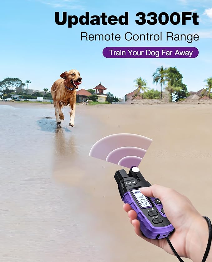 Bousnic Dog Shock Collar - 3300Ft Training Collar with Remote for 5-120lbs Small Medium Large Dogs Rechargeable Waterproof e Collar with Beep (1-8), Shake(1-16), Safe Shock(1-99) Modes (Lightpurple) BOUSNIC