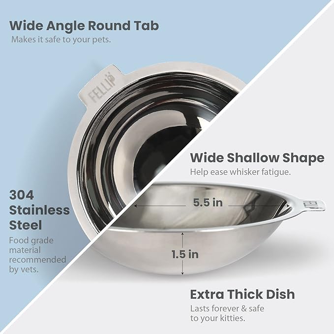Felli Pet Oblik Whisker Fatigue Cat Food Bowl Raised Stainless Steel Shallow Dish Pet Friendly Modern Design, Anti Vomiting Elevated Wide Plate Feeder No Slip Weighted Acrylic Base (0.5Cup, Sapphire) - PAWPICO