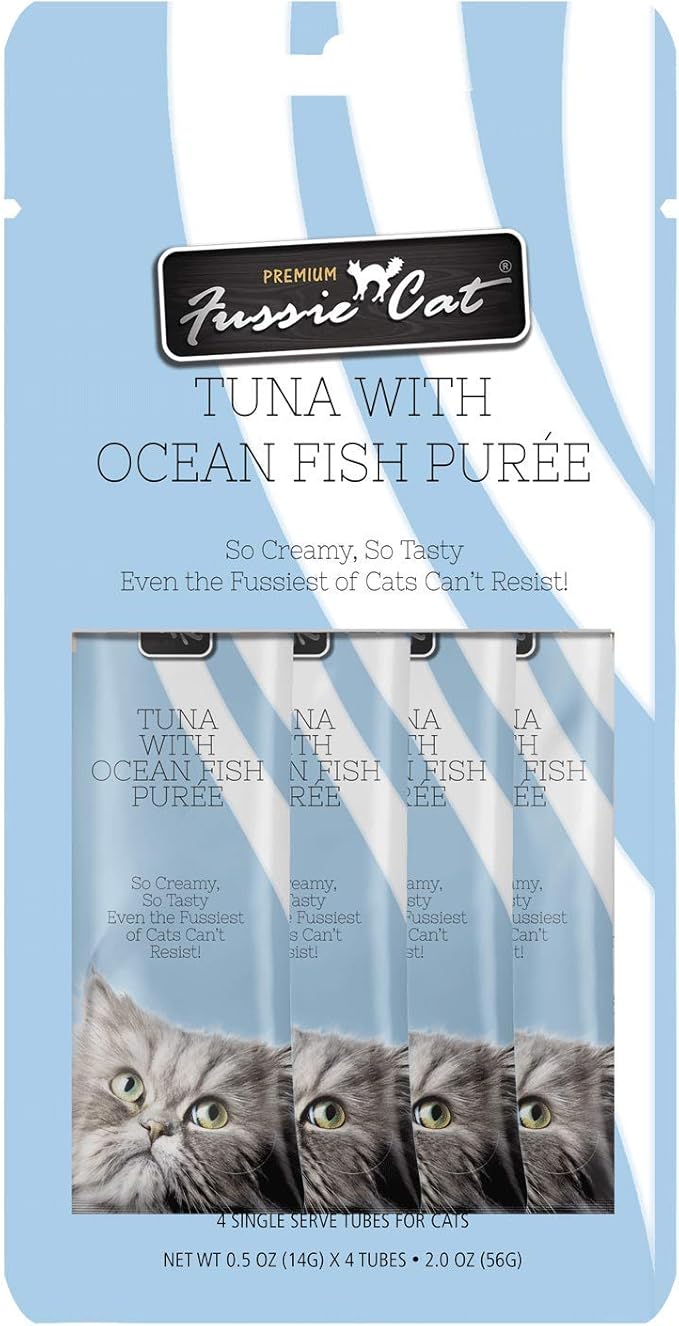 Fussie Cat Tuna with Ocean Fish Puree, lickable cat Treats, 0.5oz Pouch Pack of 4 - PAWPICO