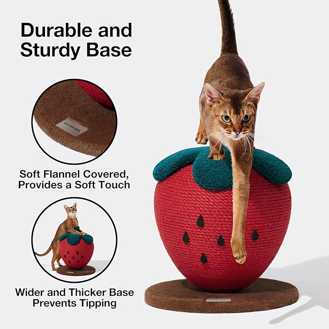 VETRESKA Strawberry Cat Scratching Post, Cute Cat Scratcher with Sisal Rope, Vertical Cat Scratch Post for Indoor Cat and Kitten, Ring Paper Strawberry Leaves Attract Cats - PAWPICO