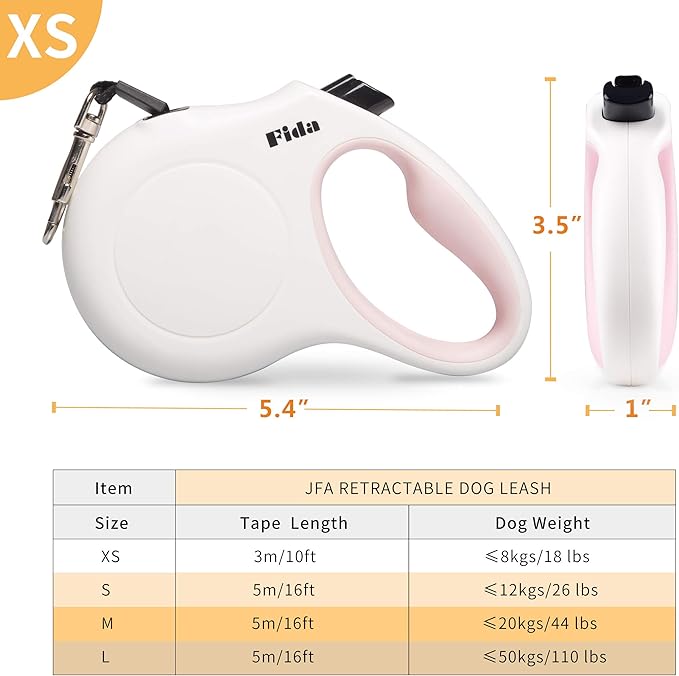 Fida Retractable Dog Leash X-Small Breed, 10 ft Durable Pet Walking Leash for Extra Small Dogs/Cats/Small Animals up to 18 lbs, 360° Tangle Free, White Fida