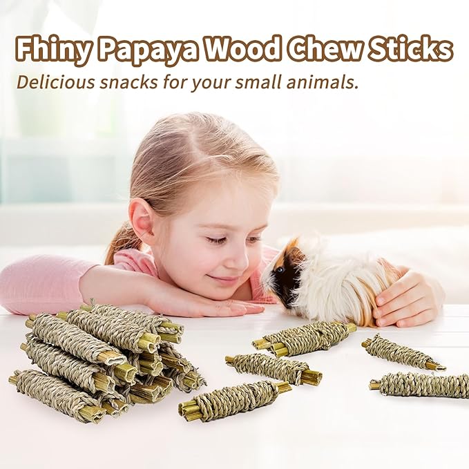 Fhiny 12 PCS Rabbit Chew Sticks, Natural Papaya Wood Seagrass Guinea Pig Chew Toys for Teeth Small Animal Molar Sticks Snacks for Bunny Guinea Pig Chinchilla Ferret Hamster Gerbil Dental Care Fhiny