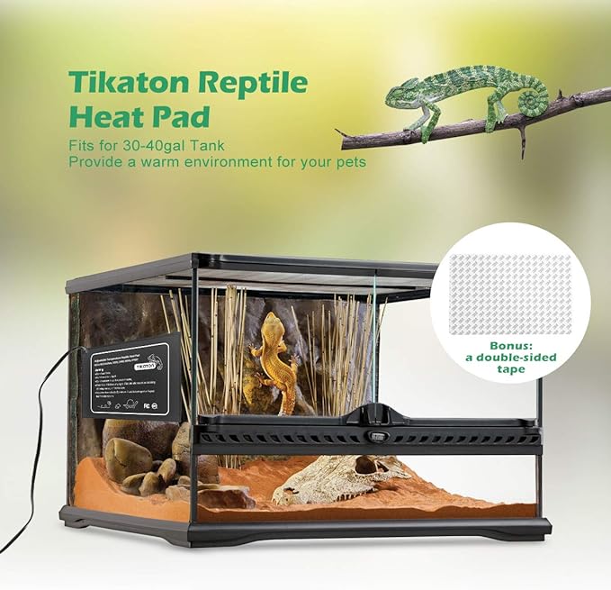 Tikaton Reptile Heat Pad - Adjustable Temperature Under Tank Heater for 10-20gal/30-40gal Tank, Terrarium Heat Mat for Turtle/Snake/Lizard/Frog/Spider/Plant Box Tikaton