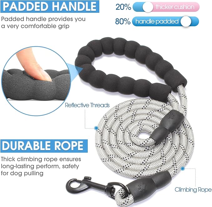 BAAPET 2/4/5/6 FT Dog Leash with Comfortable Padded Handle and Highly Reflective Threads for Small Medium and Large Dogs (5FT-1/3'', Silver) BAAPET