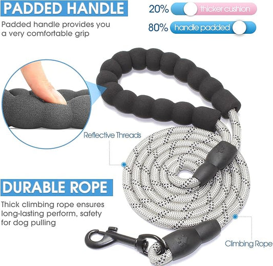 BAAPET 2/4/5/6 FT Dog Leash with Comfortable Padded Handle and Highly Reflective Threads for Small Medium and Large Dogs (5FT-1/3'', Silver) BAAPET