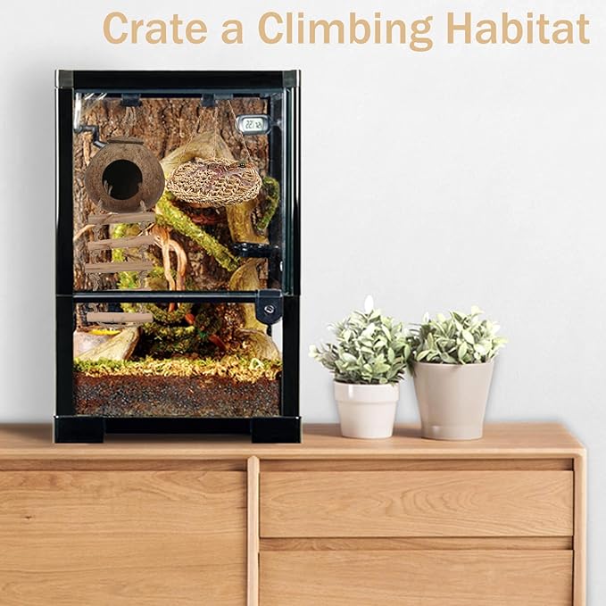 Crested Gecko Tank Accessories, Reptile Hammock and Vines Plants, Coco Hut Coconut Shell with Ladder Hideout Cave Habitat Decor for Lizard Leopard Gecko Tortoise Amphibians Hermit Crab BUYNOW