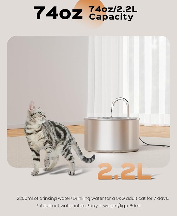 Stainless Steel Cat Water Fountain: Pet Fountains Indoor Metal Automatic Dispenser Cat Waterer Bowls Dog Faucet Bottle Pets 24/7 Running Watering for Drinking Quiet Pump with 1 Filter - PAWPICO