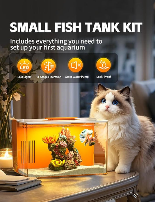 Betta Small Fish Tank Kit, 2.5 Gallon Self Cleaning Aquarium with Filter, Silent Pump, Light, Oxygenation, All in One Starter Fish Tank for Goldfish, Guppy, Shrimp, Desktop, Acrylic REDTAILFISH