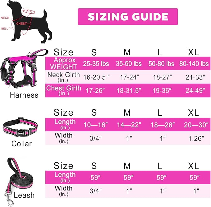 WINSEE Pet Harness Collar and Leash Set, All-in-one Reflective Dog Harness No Pull with Adjustable Buckles for Puppies, Small, Medium, Large, and Extra-Large Dogs (Large, Rosy) WINSEE