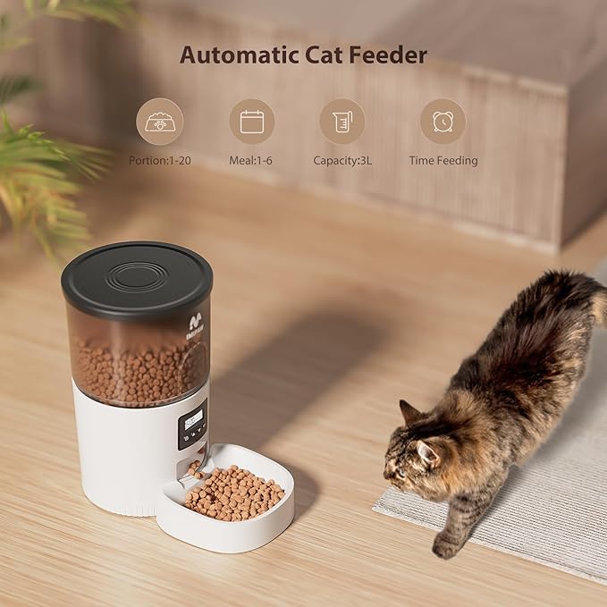 Automatic Cat Feeders, 3L Timed Cat Dry Food Dispenser, Dual Power Supply, Programmable Portion Size, 1-6 Meals Per Day, Auto Pet Feeder for Cats and Small Dogs - PAWPICO