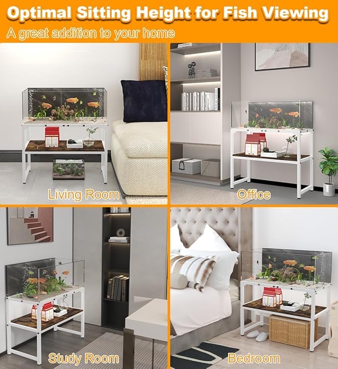 30 Gallon Rimless Fish Tank Stand with Shelf for Storage, 2 Tiers Metal Aquarium Stand, Breeder Tank Turtle Reptile Terrariums Stand Rack for Home Office, 30" L x 12" W x 20.5" H, White Mondazie