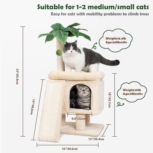Cat Scratching Post 33'' Cat Tree Indoor Palm Tree Large Cat Perch with Scratching Posts Cat Scratch Tree with Natural Sisal Ball Furniture Suitable for Adult Cats and Kittens - PAWPICO
