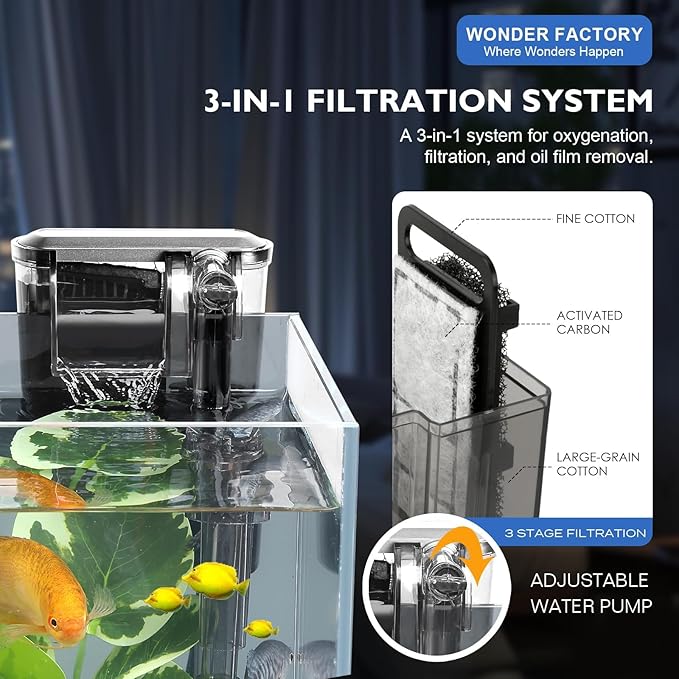 1.5 Gallon Aquarium Fish Tank with HOB Filter and Light, All in one Small Fish Tank kit, Complete Desktop Small Aquarium WONDERFACTORY
