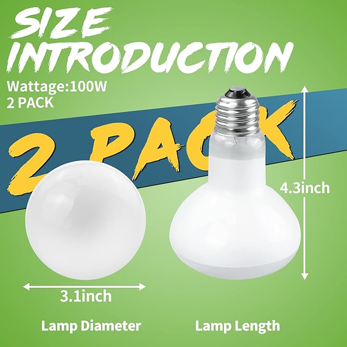 LUCKY HERP Reptile Heat Lamp - 100W (2nd Gen) Heat Lamp Bulbs for Reptiles 2 Pack, Amphibians Basking Heat Lamp Bulbs, UVA Daylight Basking Light for Reptiles, Bearded Dragon, Lizard, Turtle, Chicken LUCKYHERP