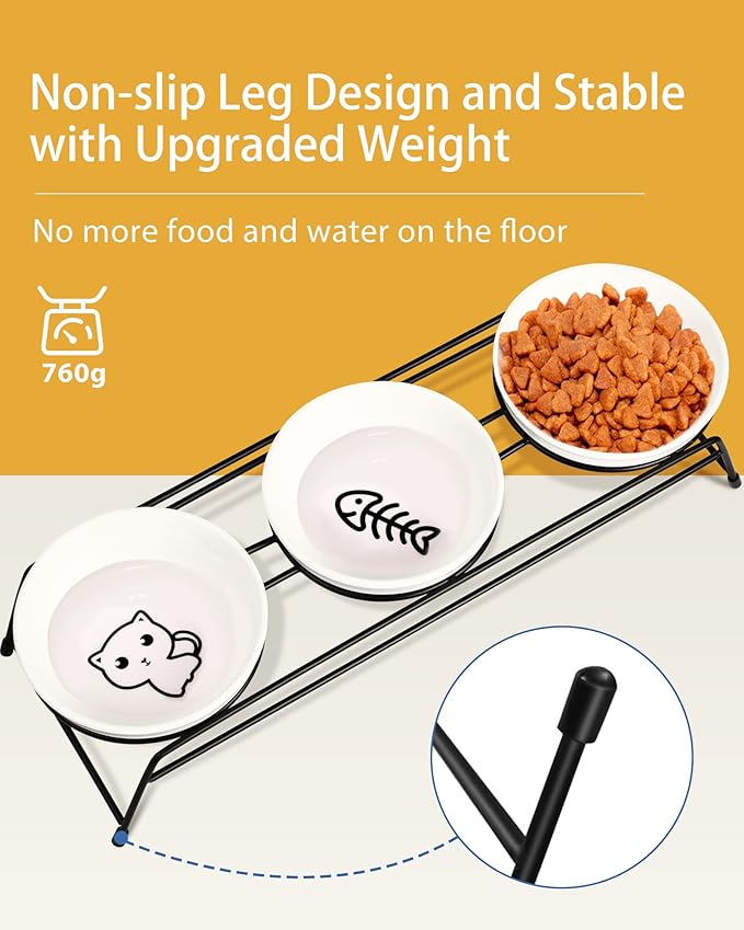 3 Cat Food Bowls Ceramic 13 oz Upgraded with Stainless Steel Stand Non-Slip and Anti-Rust Elevated Raised Cat Bowls for Food and Water, Pet Dishes Bowl for Indoor Cats and Puppy, Dishwasher Safe - PAWPICO