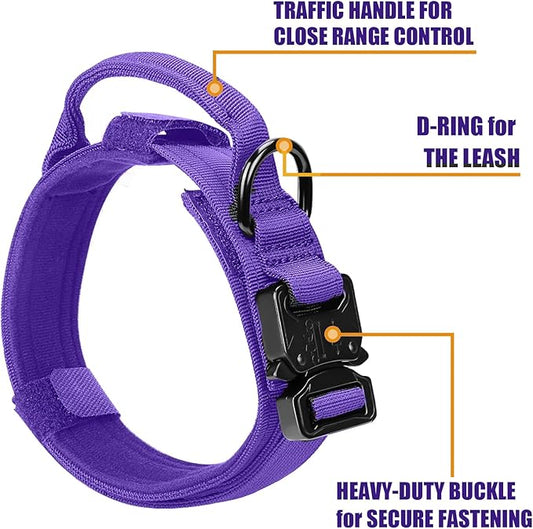 Tactical Dog Collar and Bungee Leash,Military Dog Collar & Leash Set with USA American Flag Adjustable K9 Collar with Heavy Duty Metal Buckle & Handle,with Patches and Airtags Case (Purple, L) Celifelight