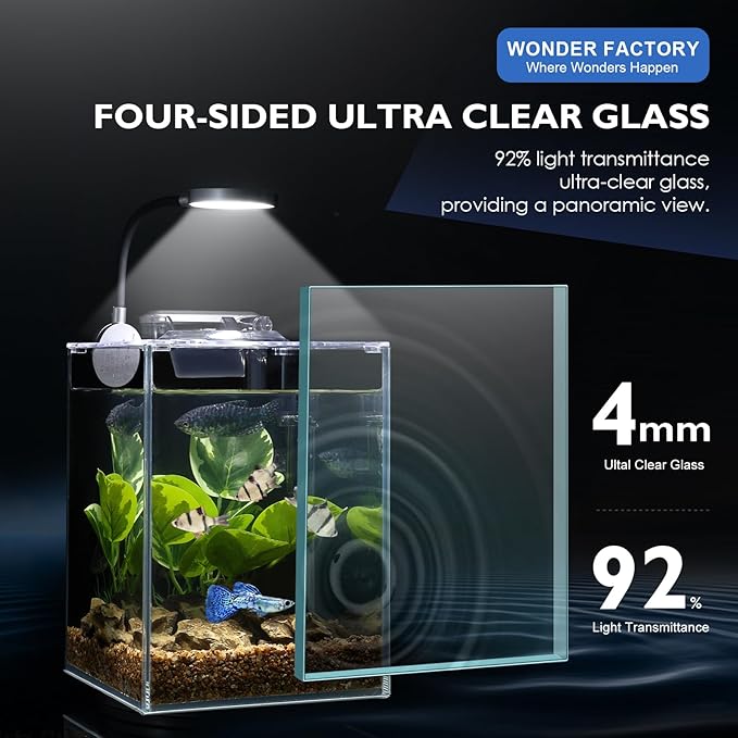 1.5 Gallon Aquarium Betta Fish Tank Starter Kit, Self Cleaning Filter HD Float Glass Small Fish Bowl Light Rocks Gravel Plants Cleaning Tool Set, Beginner's Gift for Snails, Guppy, Shrimp WONDERFACTORY
