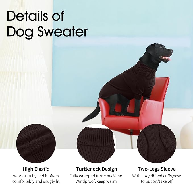 IECOii Large Dog Sweater,Pet Dog Sweaters for Large Dogs Boy,Thanksgiving Fall Doggie Sweatshirt,Turtleneck Thick Warm Girl Dog Sweater,Winter Knitwear Clothes for Corgi,French Bulldog(Brown,L) - PAWPICO