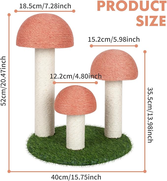 PowerKing Cat Scratching Post, Mushroom Claw Scratching Post for Cat, Natural Sisal Cat Scratchers with 3 Mushroom Pole, Cat Interactive Toys - PAWPICO