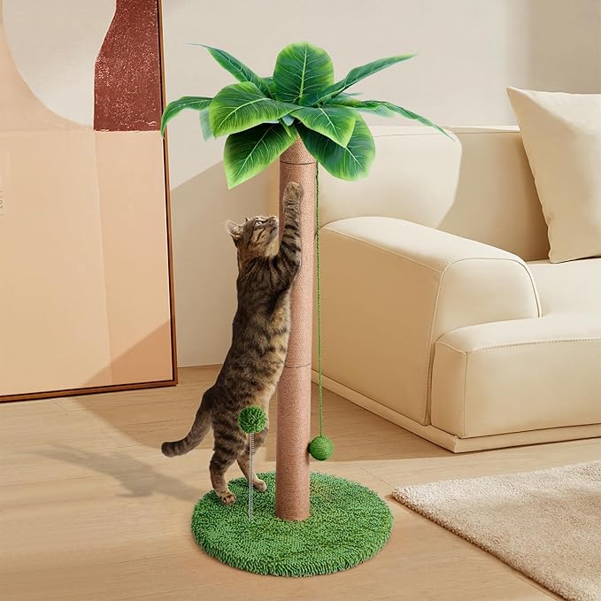 Odoland Cat Scratching Post - Indoor 33 inch Palm Tree Sisal Scratch Posts with Dangling Balls for Kitten and Large Cat - Vertical Scratcher Cute Cat Scratching Post Fun Cat Toy Green - PAWPICO