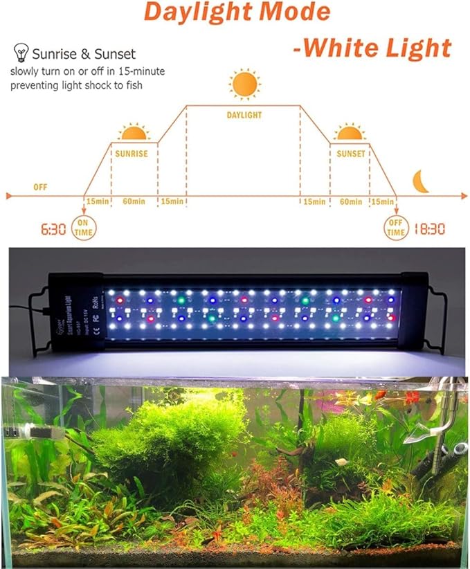 hygger Auto On Off LED Aquarium Light Extendable 12-55 Inches 7 Colors Sunrise Sunset Full Spectrum Light Fixture for Freshwater Planted Tank Build in Timer Sunrise Sunset (36W(24"-30")) hygger