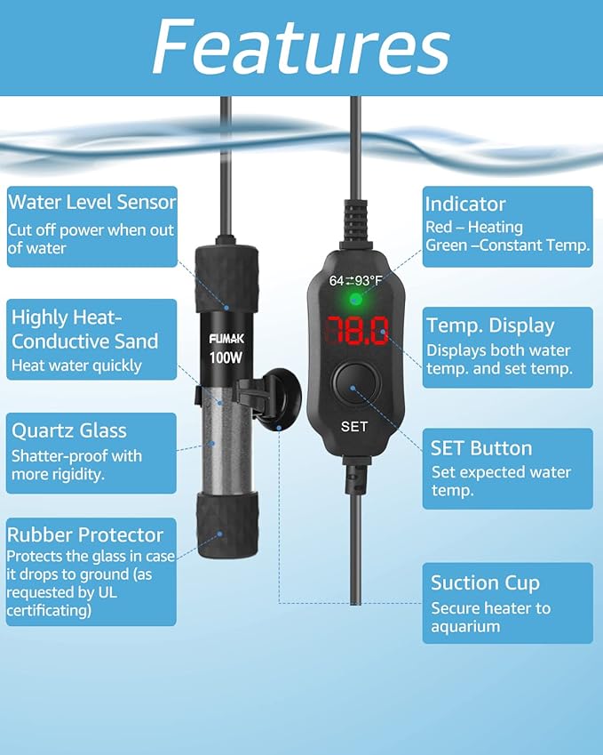 100W Adjustable Aquarium Heater Super Short Submersible Fish Tank Heater Fish Heater with LED Digital Display Thermostat, for Tanks 10-20 Gallons1 FUMAK
