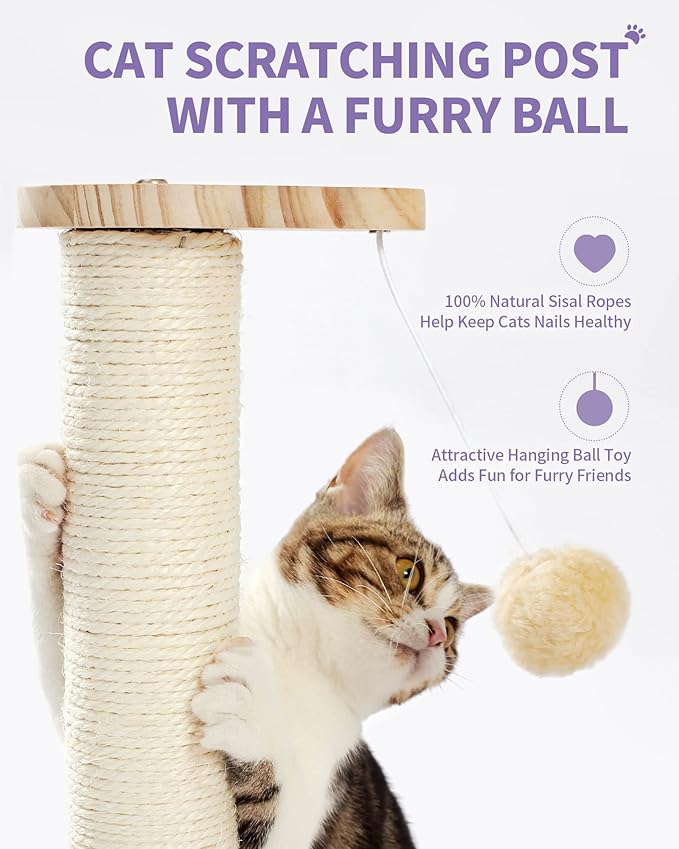 Made4Pets Cat Scratching Post Cat Scratcher Kitten Toys for Indoor Cats Wooden Ball Track Two-Layer Modern Sisal 17.7" Tall Scratch Post Interactive Toy with Dangling Ball - PAWPICO