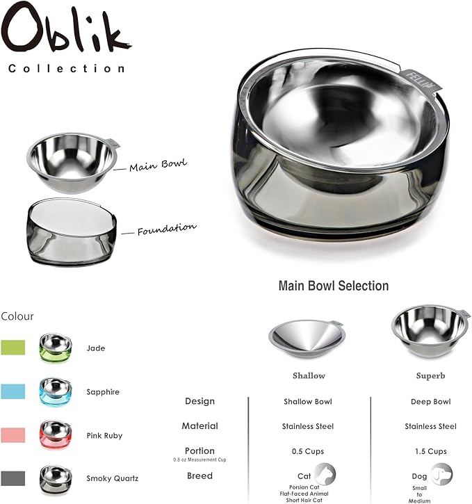 Felli Pet Oblik Spill Proof Dog Food Water Bowl Raised Acrylic Cone, Stainless Steel Tilted Oval Dish Pet Friendly, Slanted Metal Plate Feeder Elevated for Small Medium Size Dog (1.5Cup, Smoky) - PAWPICO
