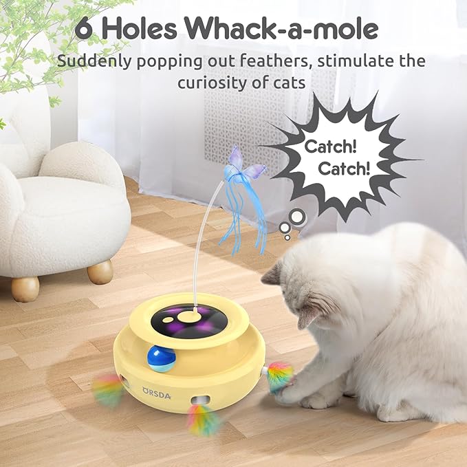 ORSDA Cat Toy, 3-in-1 Automatic Cat Toys for Indoor Cats, Electronic Whack a Mole, Fluttering Butterfly,Track Balls Kitten Toy, Rechargeable Power Interactive Feather Toys for All Breeds - PAWPICO