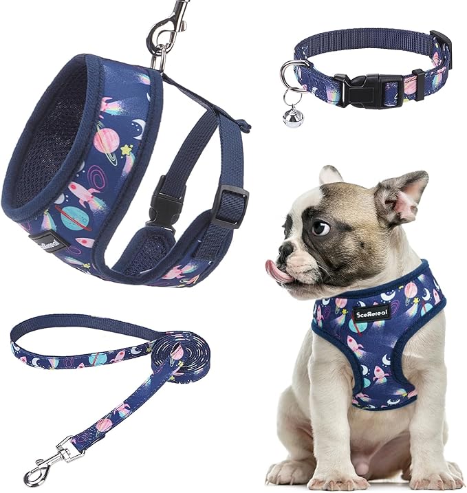 SCENEREAL Small Dog Harness Collar and Leash Set, Adjustable No Pull Pet Harnesses, No Chock Soft Mesh Step in Vest for Doggie Puppy Medium Dogs Cats Girl or Boy,Chihuahua, Yorkie, Outdoor Walking SCENEREAL
