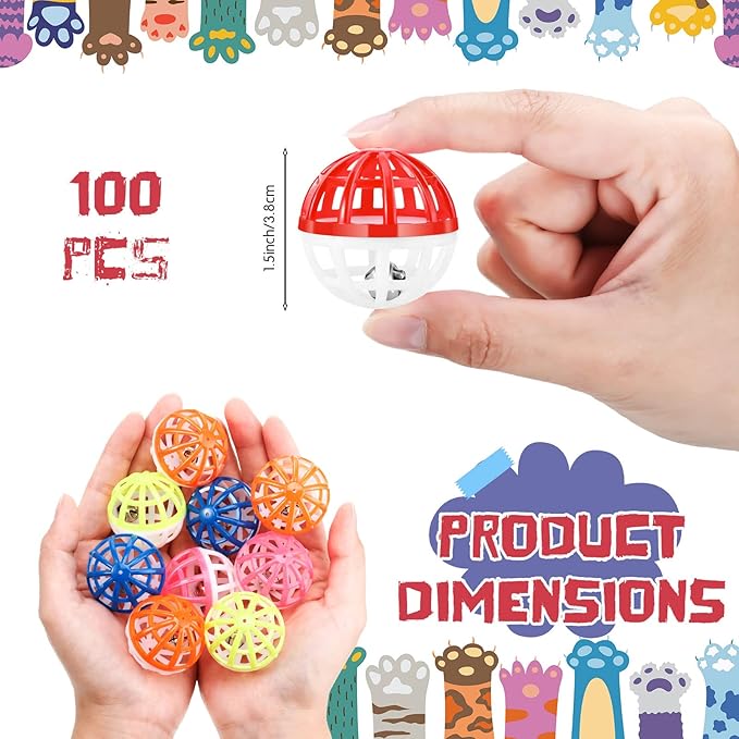 Hungdao 100 Pieces Cat Toys Balls with Bells Plastic Lattice Jingle Balls for Kitten 1.5 Inch Slotted Balls Small Cat Ball Bulk for Indoor Kitten Chase Pounce Rattle Play Toys, Assorted Color - PAWPICO