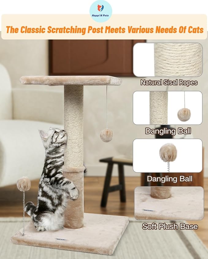 Happi N Pets 26" Cat Scratching Post with Perch, Natural Sisal Scratchers Trees for Indoor Cats, Featuring with Hanging Balls & Cozy Cat Bed, Stable Cat Scratch Posts for Kittens-Beige - PAWPICO