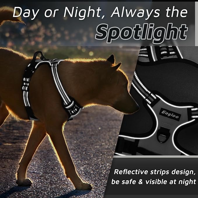 Eagloo Dog Harness Medium Sized Dog, No Pull Service Vest with Reflective Strips and Control Handle, Adjustable and Comfortable for Easy Walking, No Choke Pet Harness with 2 Metal Rings, Grey, M GoExplorewithEagloo