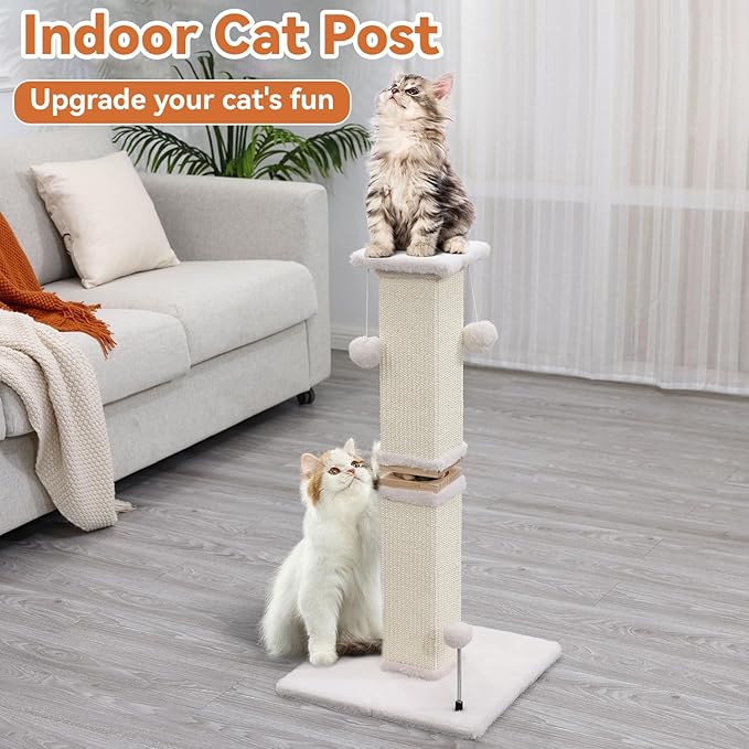 OTOB Cat Scratching Post 33 Inch, Nature Sisal Scratching Posts for Indoor Cats Adults Kitten, 6-in-1 Interactive Turntable Cat Scratch Post Protect Your Furniture, Large Cat Scratcher, Beige - PAWPICO