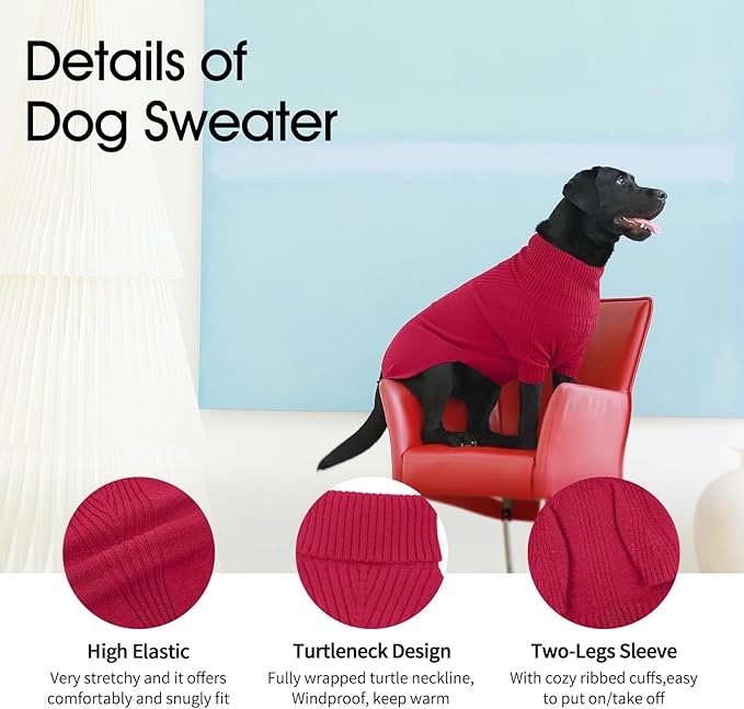 IECOii XXXL Dog Sweater,Christmas Dog Sweaters for Extra Large Dogs Girl Boy,Turtleneck Knitted Knitwear for Pet Dogs Wearing On Holiday Thanksgiving,Pullover Easy On Doggie Sweatshirt (Rose red,XXXL) - PAWPICO