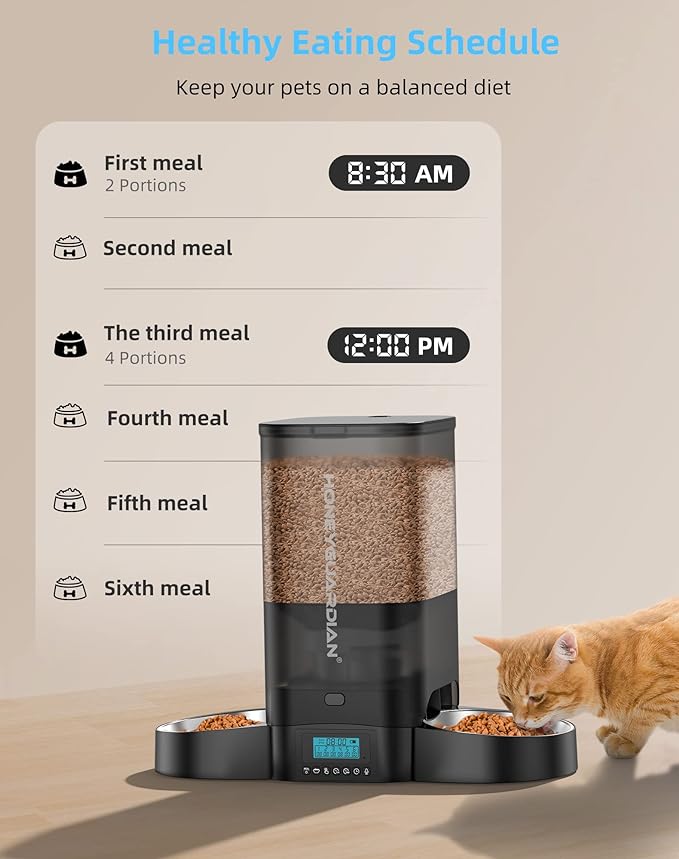 HoneyGuaridan 5L Automatic Cat Feeder for Two Cats, Cat Food Dispenser with Stainless Steel Bowl,Timed Cat Feeder Programmable 1-6 Meals Control, Dual Power Supply,Desiccant Bag,10s Meal Call Black - PAWPICO