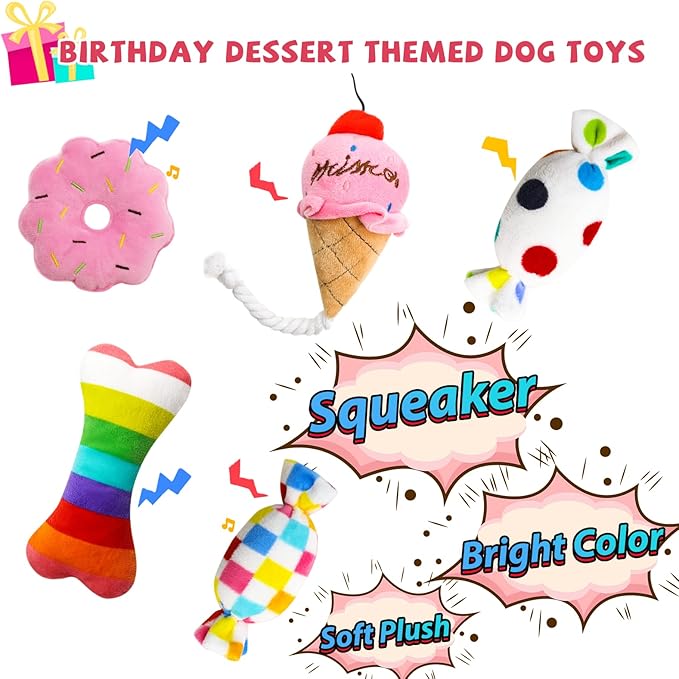 Dog Birthday Toys, Birthday Gift for Dogs, Happy Birthday Dog Toy Girl, Squeaky Plush Birthday Cake Hat Bandana for Dog Birthday Party, Birthday Gift for Small & Medium Dog, 9 Pack Pink - PAWPICO