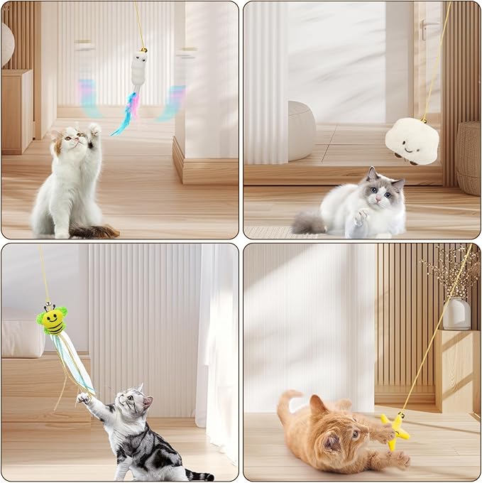 6 PCS Interactive Cat Feather Toys, Indoor Hanging Retractable Cat Toy, Self Play Toys Make Fun Excecise - PAWPICO