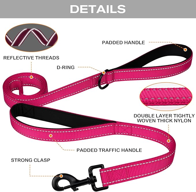 Joytale Dog Leash Heavy Duty for Large Dogs That Pull, Double Handle for Traffic Control, Double-Sided Reflective Leashes for Large Medium Dogs Night Safety, 6FT, Hot Pink Joytale