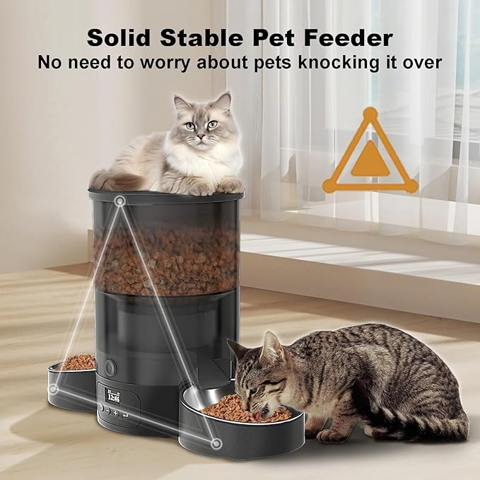 Automatic Cat Feeder for 2 Cats, 3L Cat Food Dispenser SURDY Auto Cat Feeder with 2 Stainless Bowls, 10s Meal Call Dual Power Supply and Timer Setting 12 Portions 6 Meals Per Day for Cats and Dogs - PAWPICO