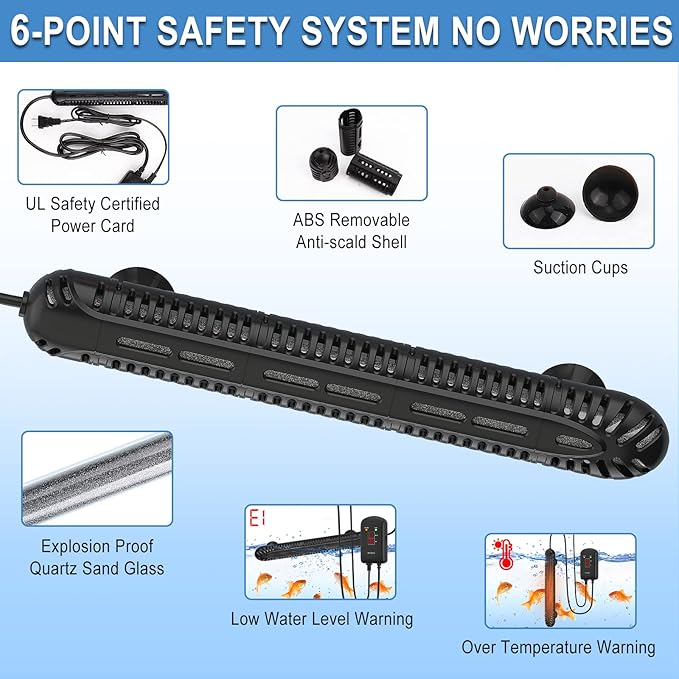 HiTauing Aquarium Heater, 200W Fish Tank Heater with LED Digital Display & 5 Safety Protection, Submersible Aquarium Heater with 2 Suction Cup and 5.9Ft Cord for 20-40 Gallon Fish Tank. HiTauing