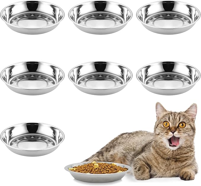 kathson 8 Pcs Stainless Steel Cat Food Bowls, Replacement Whisker Relief Cat Metal Dishes, Shallow Wide Cat&Dog Food and Water Bowl Suitable for Pet Feeding Stand, Dishwasher Safe (7.88 Inch Dia.) - PAWPICO